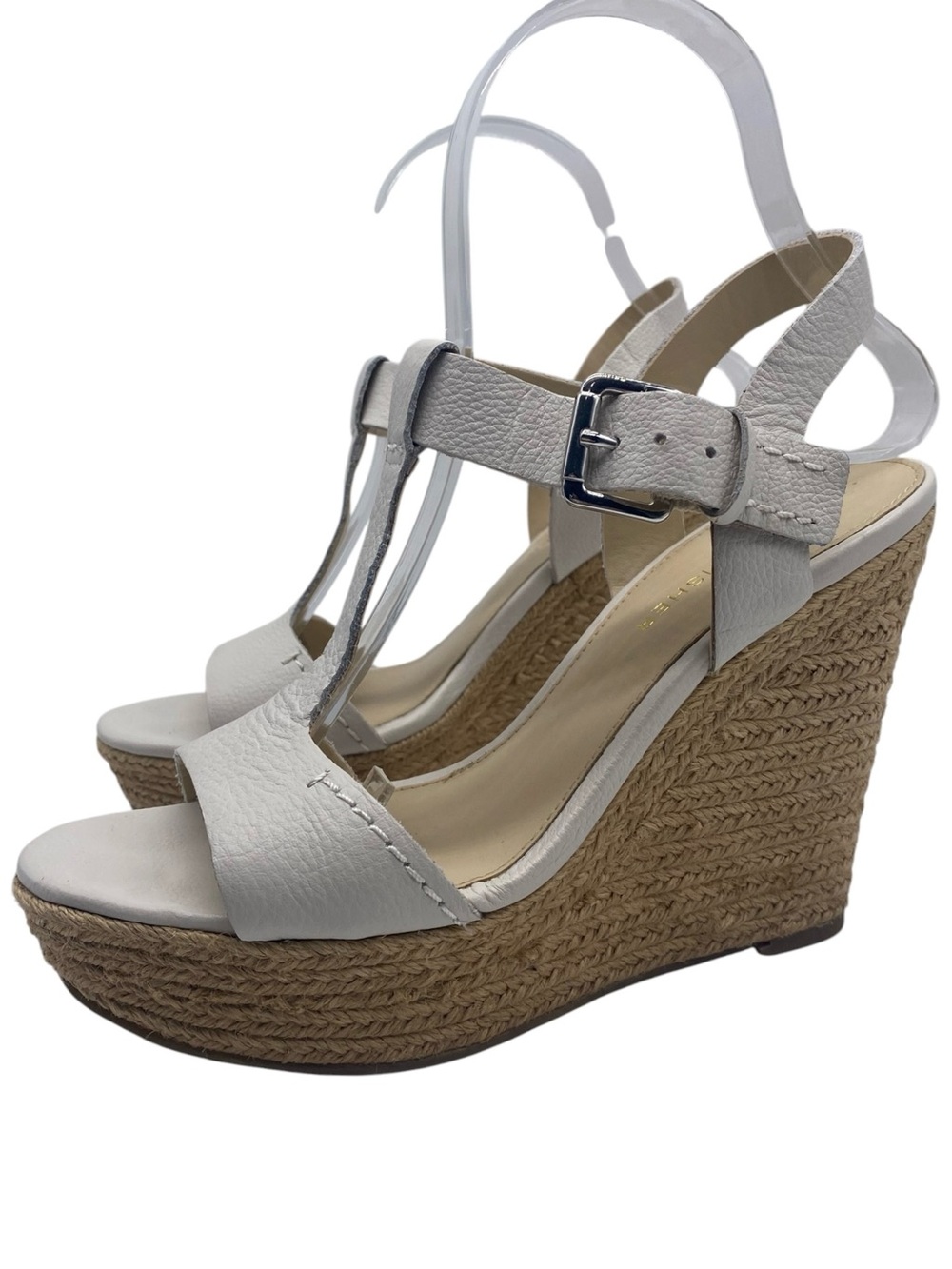 Marc Fisher Harlei Wedge Sandals Womens 6 White Leather Espadrille Feminine Chic